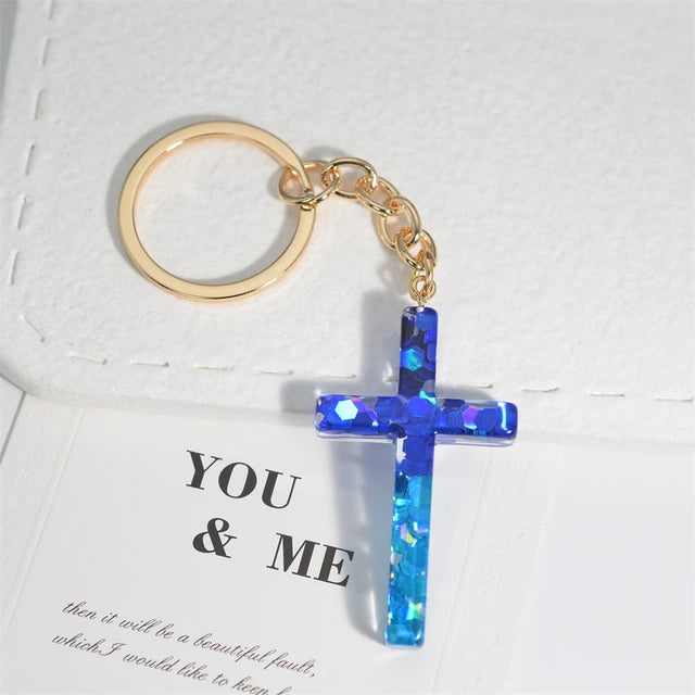 Resin Jesus Christian Cross Keychain Dry Flower Glitter Decoration Pendant Handbag Hanging Chrams Car Trinket Accessories Gift