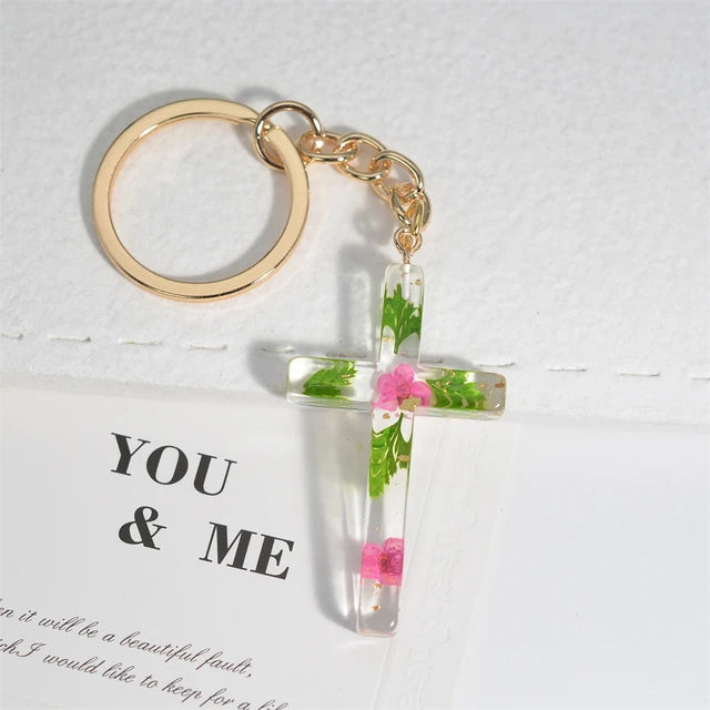 Resin Jesus Christian Cross Keychain Dry Flower Glitter Decoration Pendant Handbag Hanging Chrams Car Trinket Accessories Gift