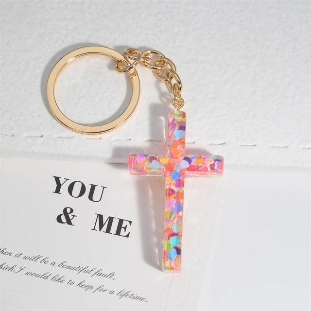 Resin Jesus Christian Cross Keychain Dry Flower Glitter Decoration Pendant Handbag Hanging Chrams Car Trinket Accessories Gift