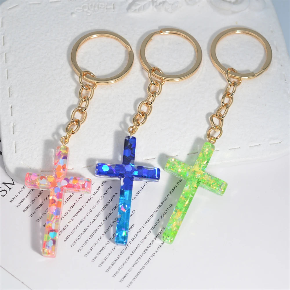 Resin Jesus Christian Cross Keychain Dry Flower Glitter Decoration Pendant Handbag Hanging Chrams Car Trinket Accessories Gift