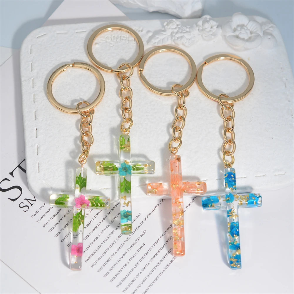 Resin Jesus Christian Cross Keychain Dry Flower Glitter Decoration Pendant Handbag Hanging Chrams Car Trinket Accessories Gift