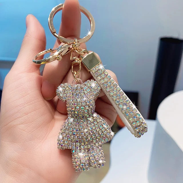 Rhinestone Bear Keychain Pendant for Women Bag Men Car Key Chain Accessories Girl Gift Anime Metal Keyring Key Chains for Women