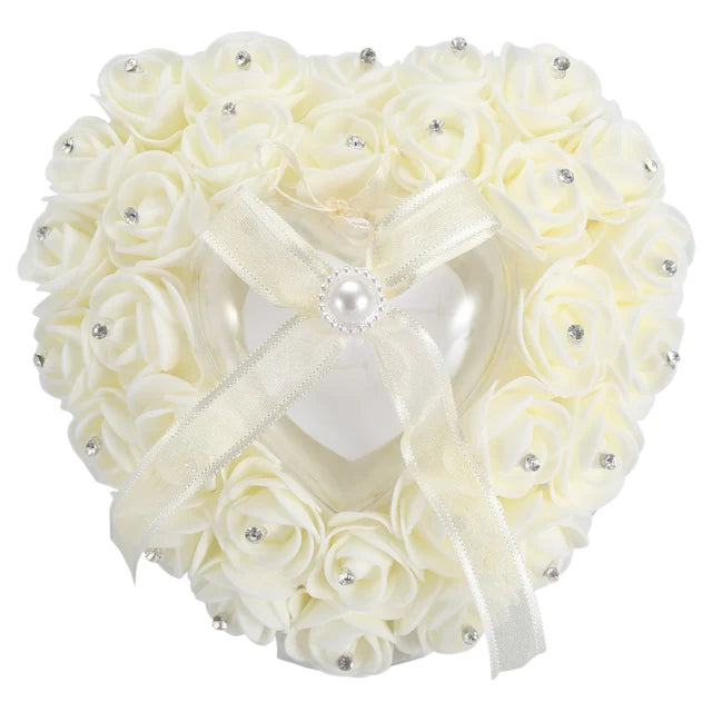 Romantic Heart Shaped Wedding Ring Box Rose Rhinestone Decor Ring Pillow Cushion(White)