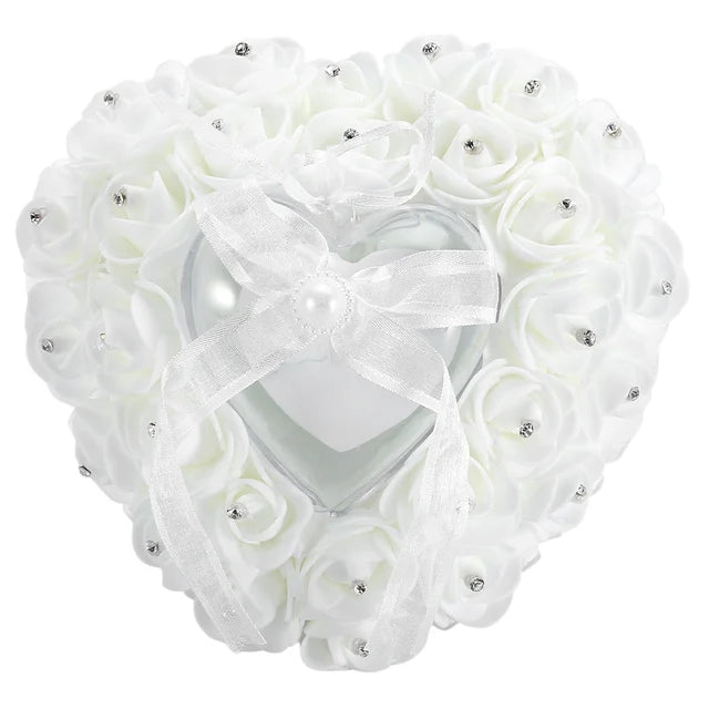 Romantic Heart Shaped Wedding Ring Box Rose Rhinestone Decor Ring Pillow Cushion(White)