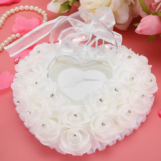 Romantic Heart Shaped Wedding Ring Box Rose Rhinestone Decor Ring Pillow Cushion(White)