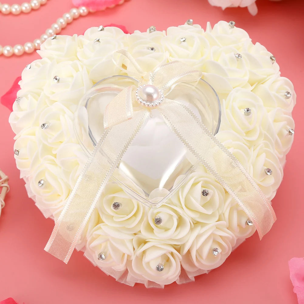 Romantic Heart Shaped Wedding Ring Box Rose Rhinestone Decor Ring Pillow Cushion(White)