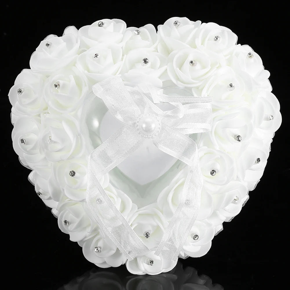 Romantic Heart Shaped Wedding Ring Box Rose Rhinestone Decor Ring Pillow Cushion(White)