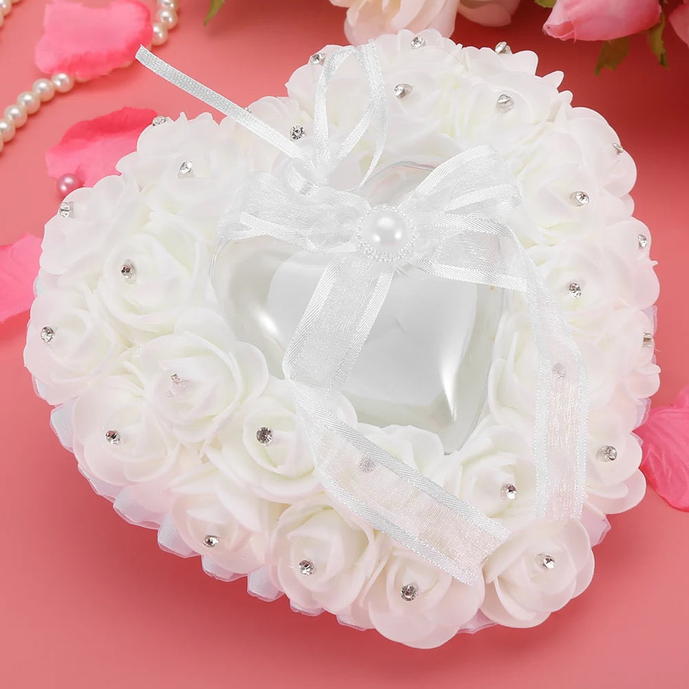 Romantic Heart Shaped Wedding Ring Box Rose Rhinestone Decor Ring Pillow Cushion(White)