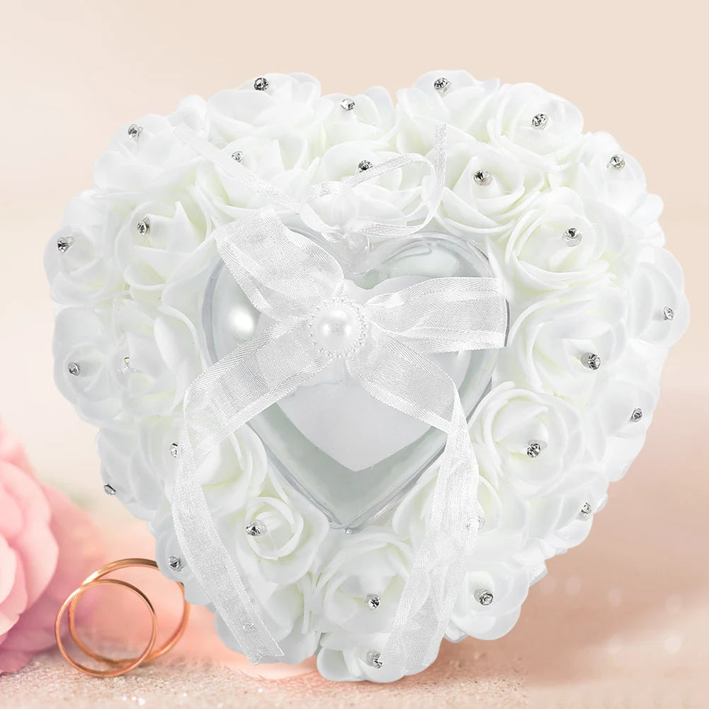 Romantic Heart Shaped Wedding Ring Box Rose Rhinestone Decor Ring Pillow Cushion(White)