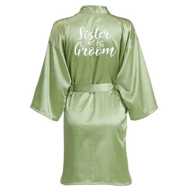 Sage Green Wedding Party Team Bride Robe With White Letters Kimono Satin Pajamas Bridesmaid Bathrobe SP066