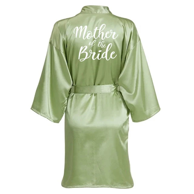 Sage Green Wedding Party Team Bride Robe With White Letters Kimono Satin Pajamas Bridesmaid Bathrobe SP066