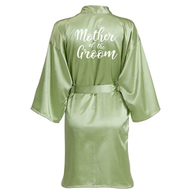 Sage Green Wedding Party Team Bride Robe With White Letters Kimono Satin Pajamas Bridesmaid Bathrobe SP066