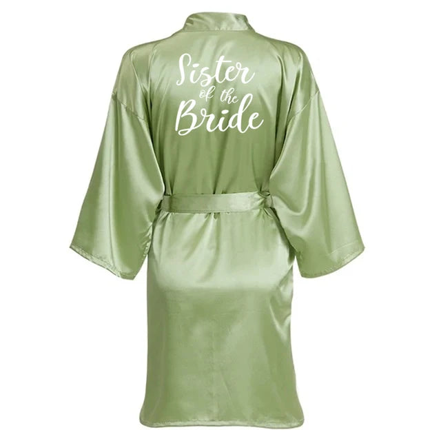 Sage Green Wedding Party Team Bride Robe With White Letters Kimono Satin Pajamas Bridesmaid Bathrobe SP066