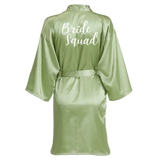 Sage Green Wedding Party Team Bride Robe With White Letters Kimono Satin Pajamas Bridesmaid Bathrobe SP066