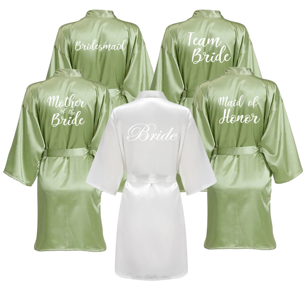 Sage Green Wedding Party Team Bride Robe With White Letters Kimono Satin Pajamas Bridesmaid Bathrobe SP066