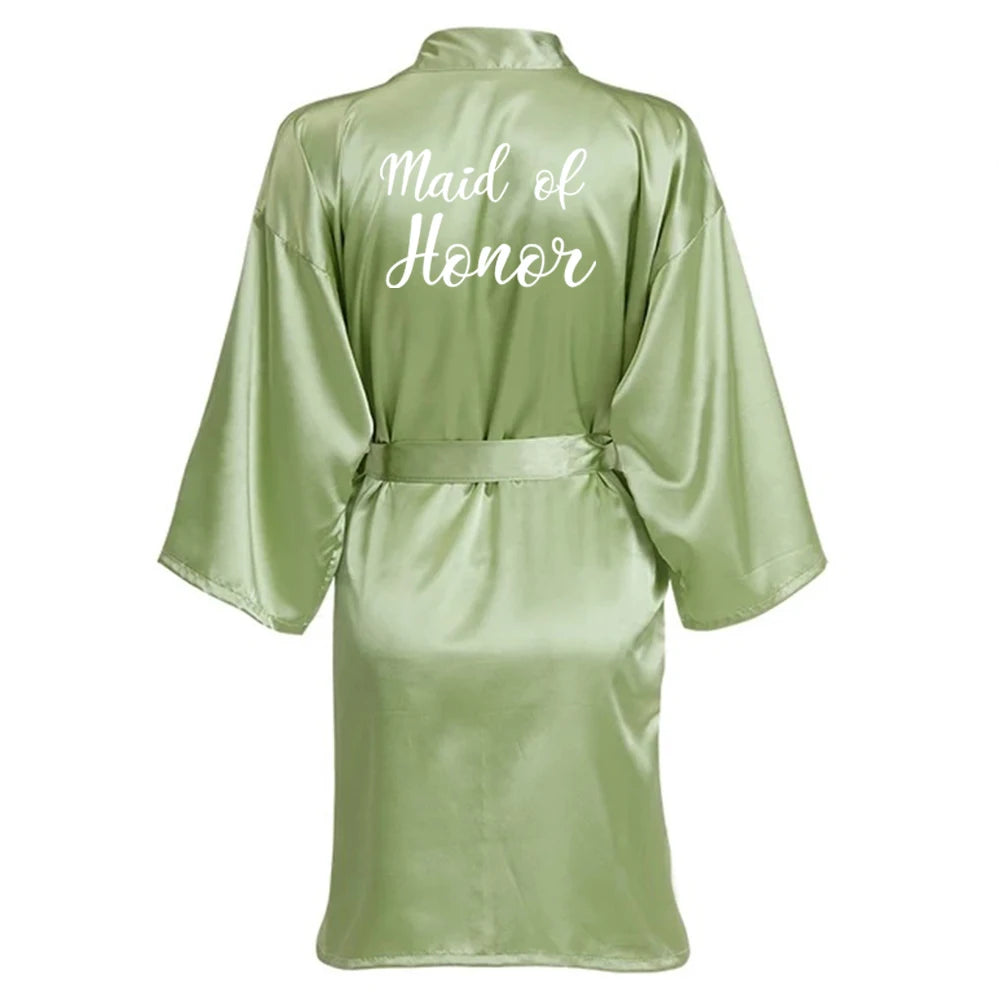 Sage Green Wedding Party Team Bride Robe With White Letters Kimono Satin Pajamas Bridesmaid Bathrobe SP066