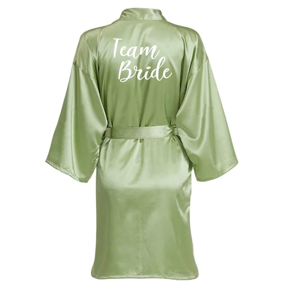 Sage Green Wedding Party Team Bride Robe With White Letters Kimono Satin Pajamas Bridesmaid Bathrobe SP066