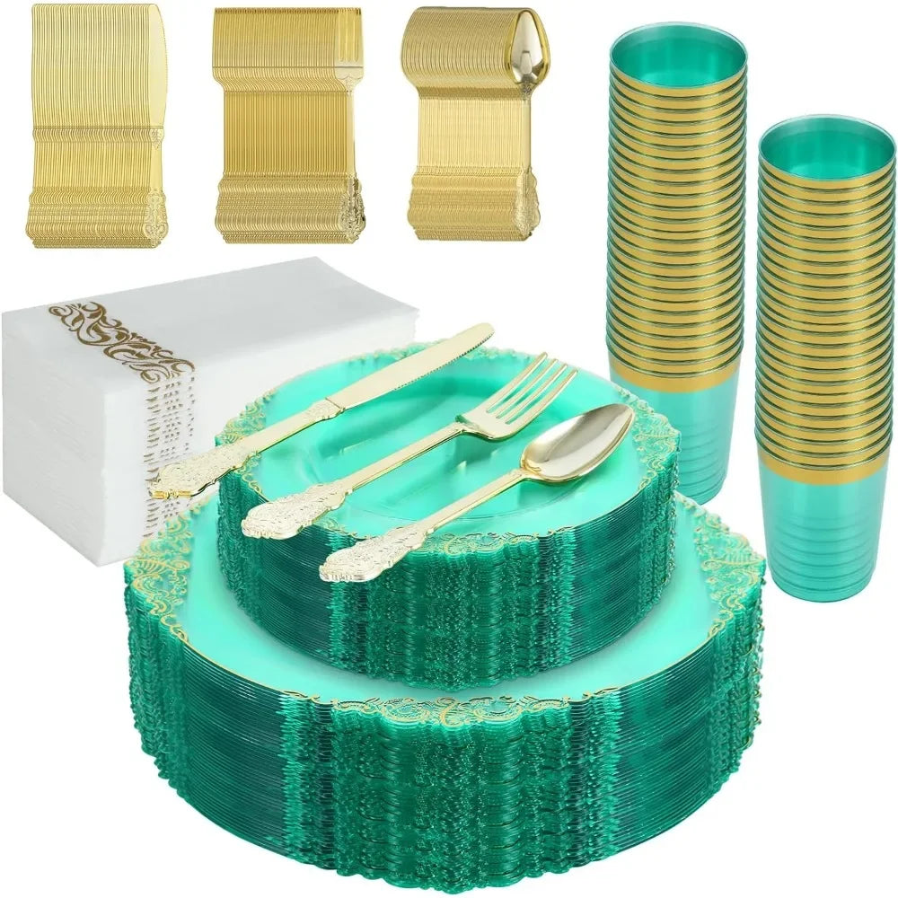 Set of 350 (for 50 guests) - Wedding party set + green dinner plates + dessert plates + silverware and napkins