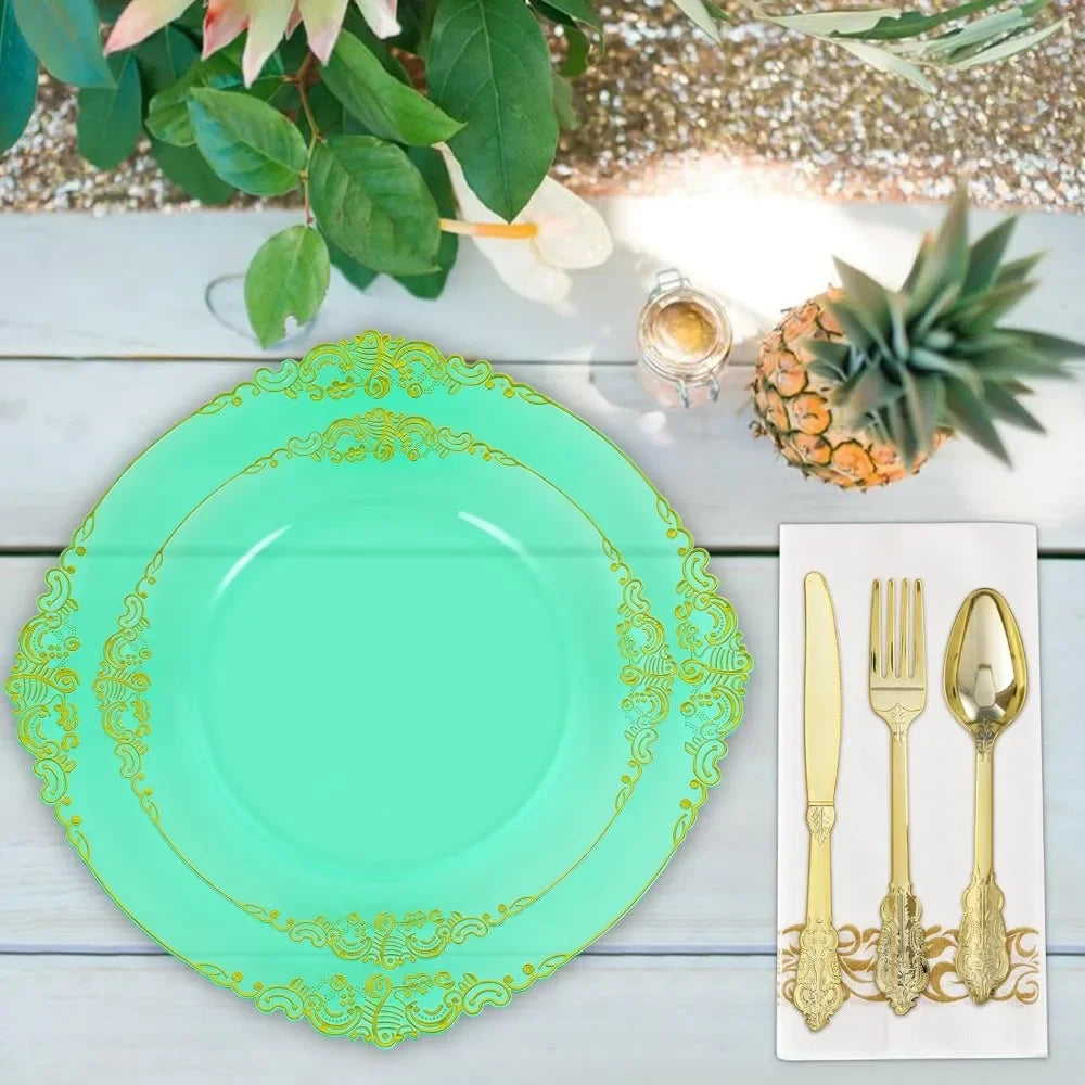 Set of 350 (for 50 guests) - Wedding party set + green dinner plates + dessert plates + silverware and napkins