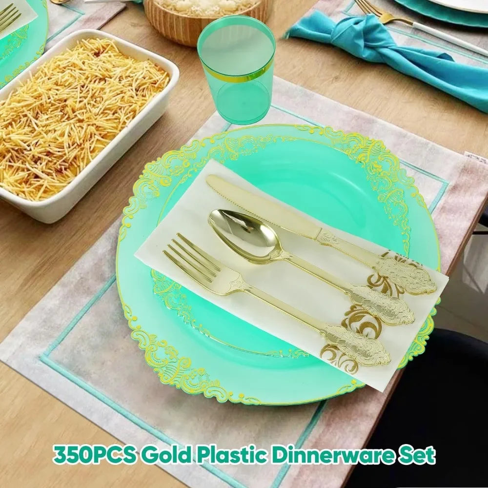 Set of 350 (for 50 guests) - Wedding party set + green dinner plates + dessert plates + silverware and napkins