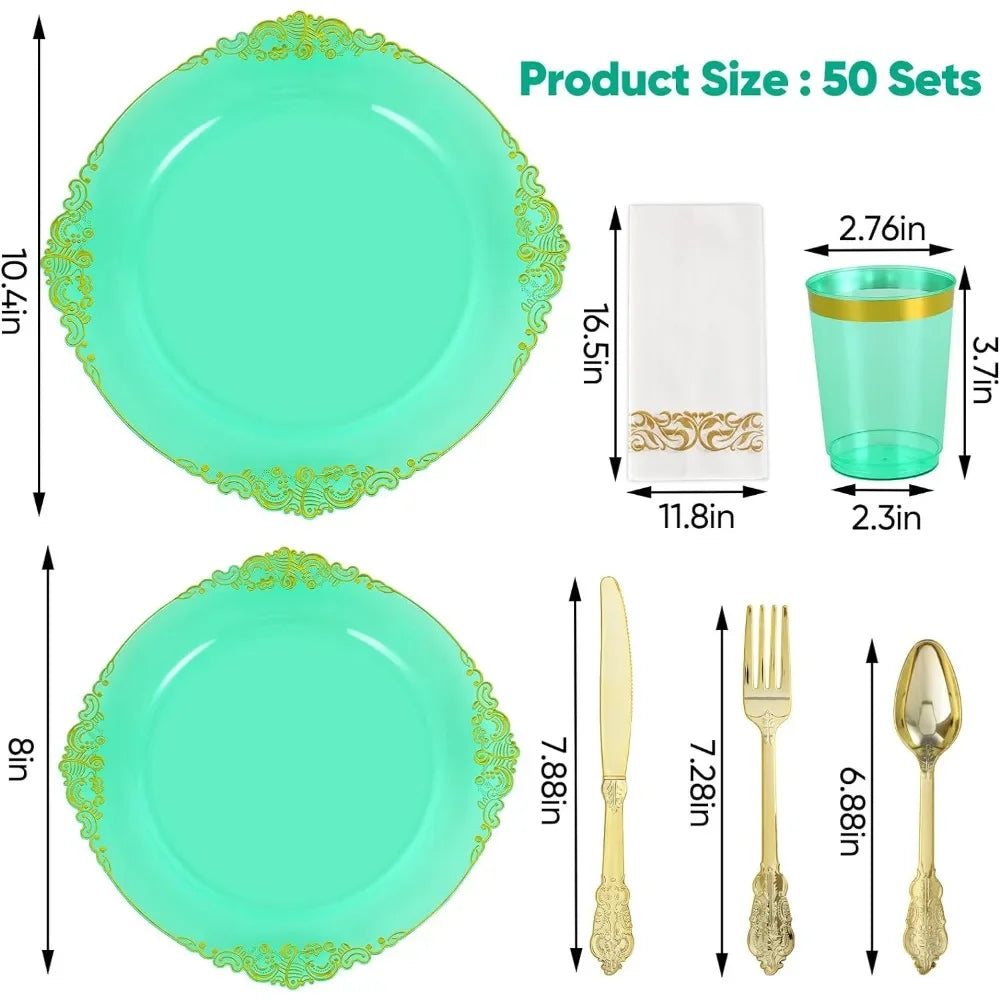 Set of 350 (for 50 guests) - Wedding party set + green dinner plates + dessert plates + silverware and napkins