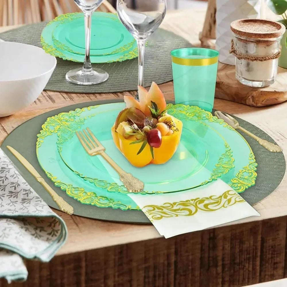 Set of 350 (for 50 guests) - Wedding party set + green dinner plates + dessert plates + silverware and napkins