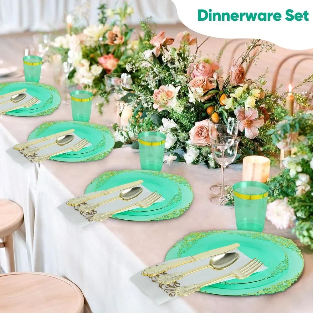 Set of 350 (for 50 guests) - Wedding party set + green dinner plates + dessert plates + silverware and napkins