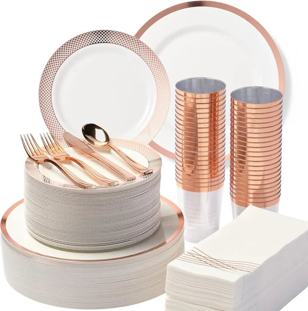 Set of 400(for 50 guests) - Heavyweight Wedding Party Set + Gold Dinner Plates + Dessert Plates + Silverware and Napkins