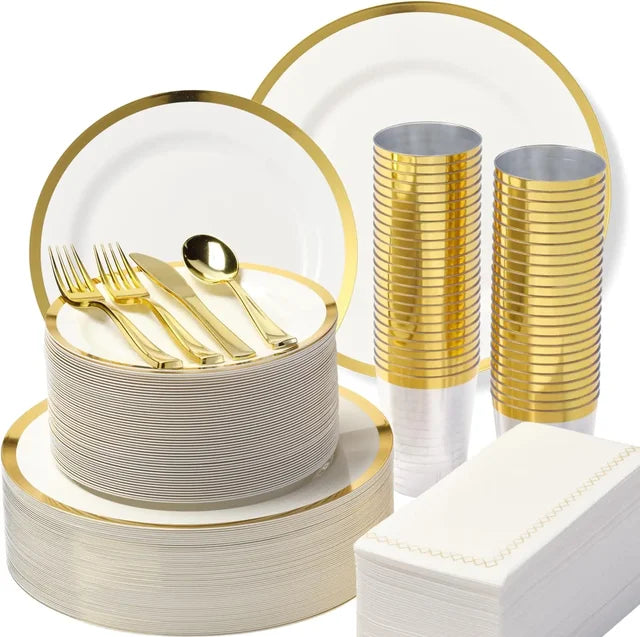 Set of 400(for 50 guests) - Heavyweight Wedding Party Set + Gold Dinner Plates + Dessert Plates + Silverware and Napkins