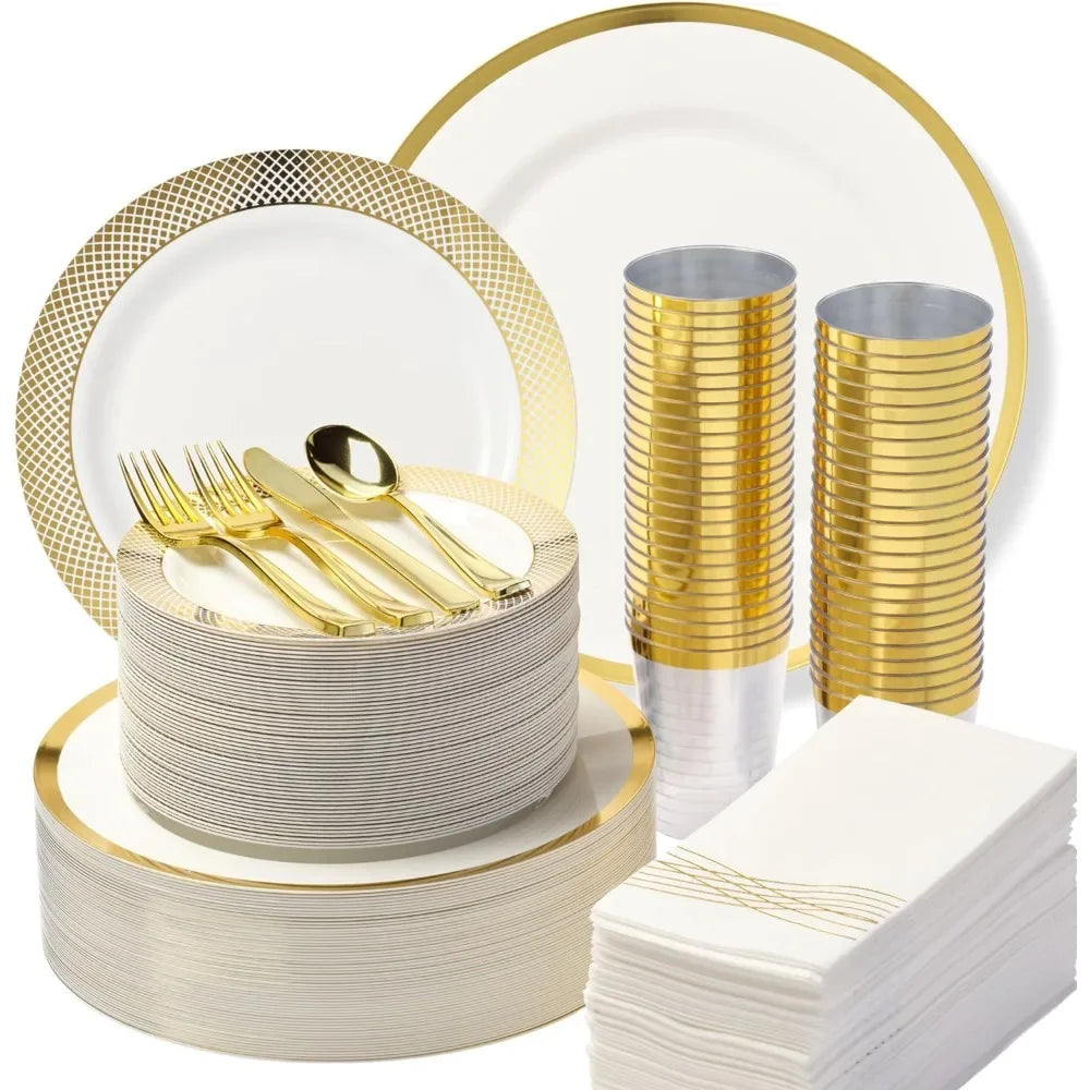 Set of 400(for 50 guests) - Heavyweight Wedding Party Set + Gold Dinner Plates + Dessert Plates + Silverware and Napkins