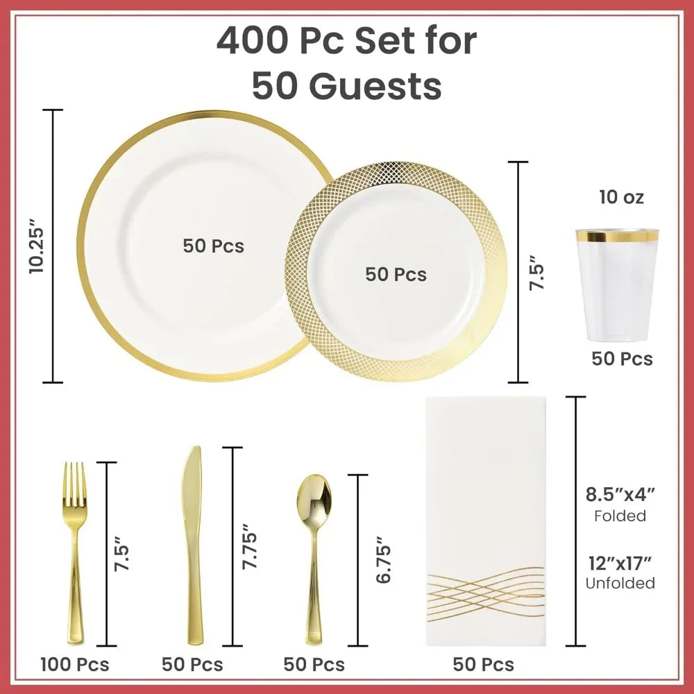 Set of 400(for 50 guests) - Heavyweight Wedding Party Set + Gold Dinner Plates + Dessert Plates + Silverware and Napkins