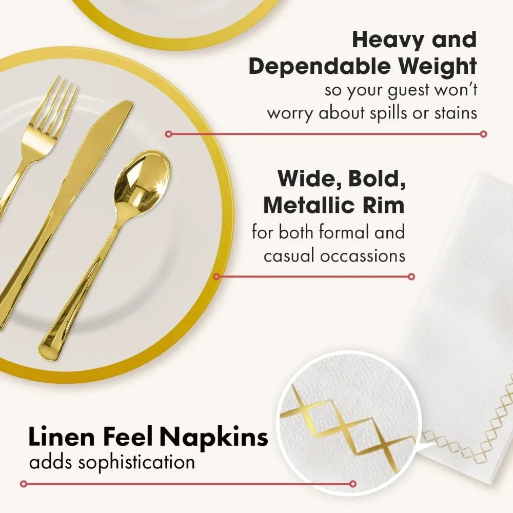 Set of 400(for 50 guests) - Heavyweight Wedding Party Set + Gold Dinner Plates + Dessert Plates + Silverware and Napkins