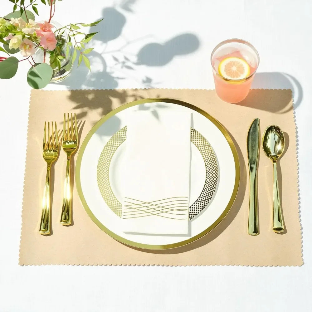 Set of 400(for 50 guests) - Heavyweight Wedding Party Set + Gold Dinner Plates + Dessert Plates + Silverware and Napkins