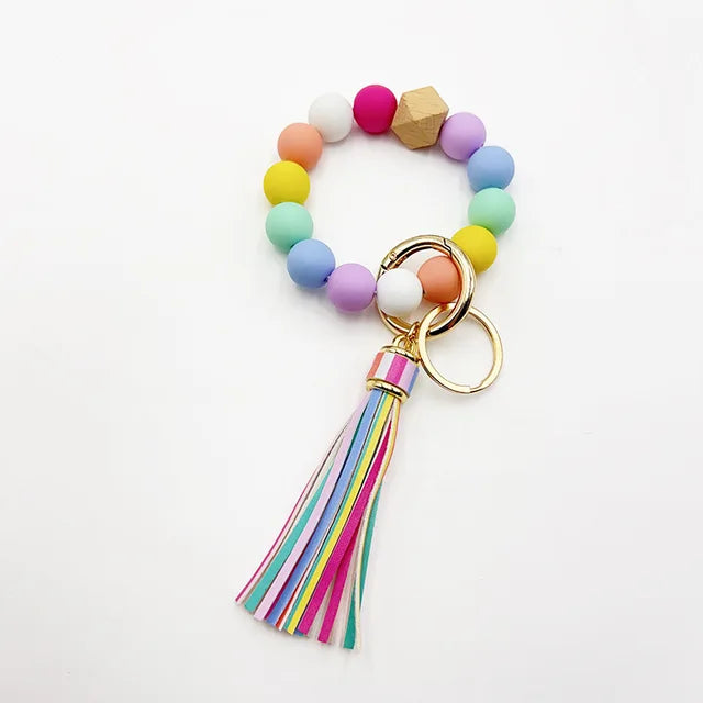 Silicone Beaded Keychain Bracelet Beaded Keychain with Tassels Women Can Hang Wallets Keychain Men's Car Keychain