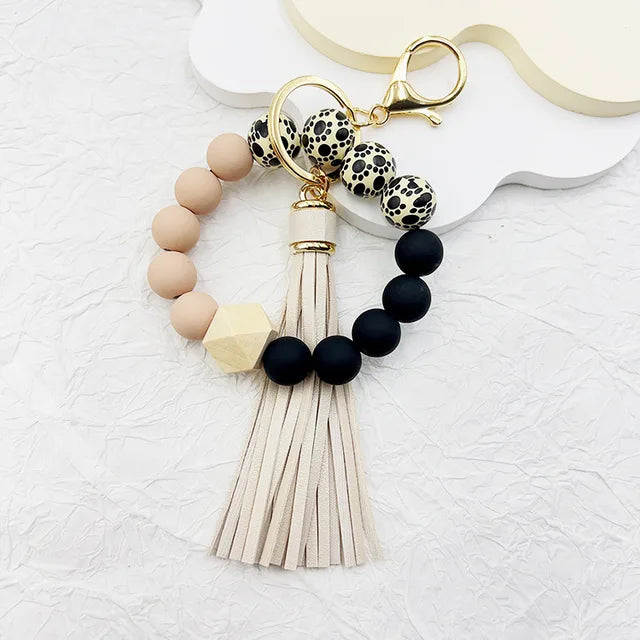 Silicone Beaded Keychain Bracelet Beaded Keychain with Tassels Women Can Hang Wallets Keychain Men's Car Keychain