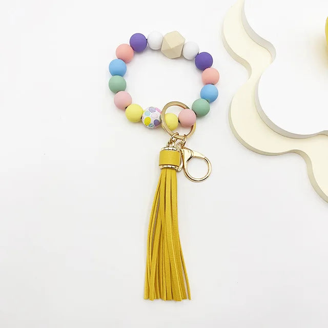 Silicone Beaded Keychain Bracelet Beaded Keychain with Tassels Women Can Hang Wallets Keychain Men's Car Keychain