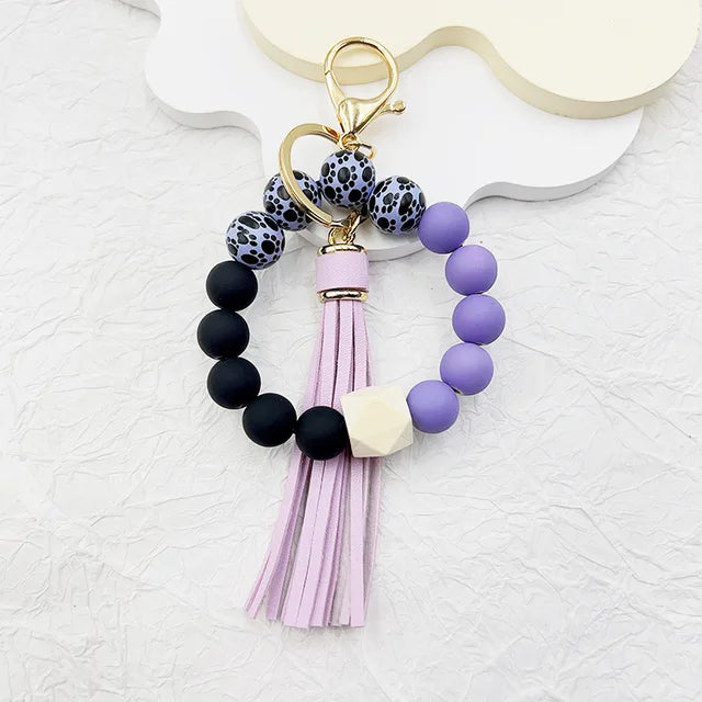 Silicone Beaded Keychain Bracelet Beaded Keychain with Tassels Women Can Hang Wallets Keychain Men's Car Keychain