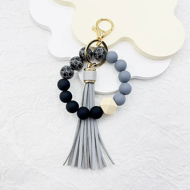 Silicone Beaded Keychain Bracelet Beaded Keychain with Tassels Women Can Hang Wallets Keychain Men's Car Keychain