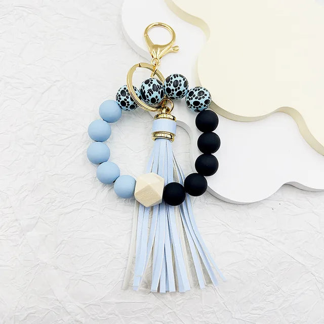 Silicone Beaded Keychain Bracelet Beaded Keychain with Tassels Women Can Hang Wallets Keychain Men's Car Keychain