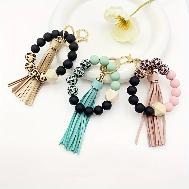 Silicone Beaded Keychain Bracelet Beaded Keychain with Tassels Women Can Hang Wallets Keychain Men's Car Keychain