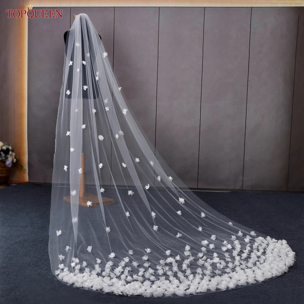 TOPQUEEN V93 High Quality Wedding Veil with 3d Flowers Cathedral Mantilla Bridal Veil Flowers Bridal Veil Soft Tulle Veil