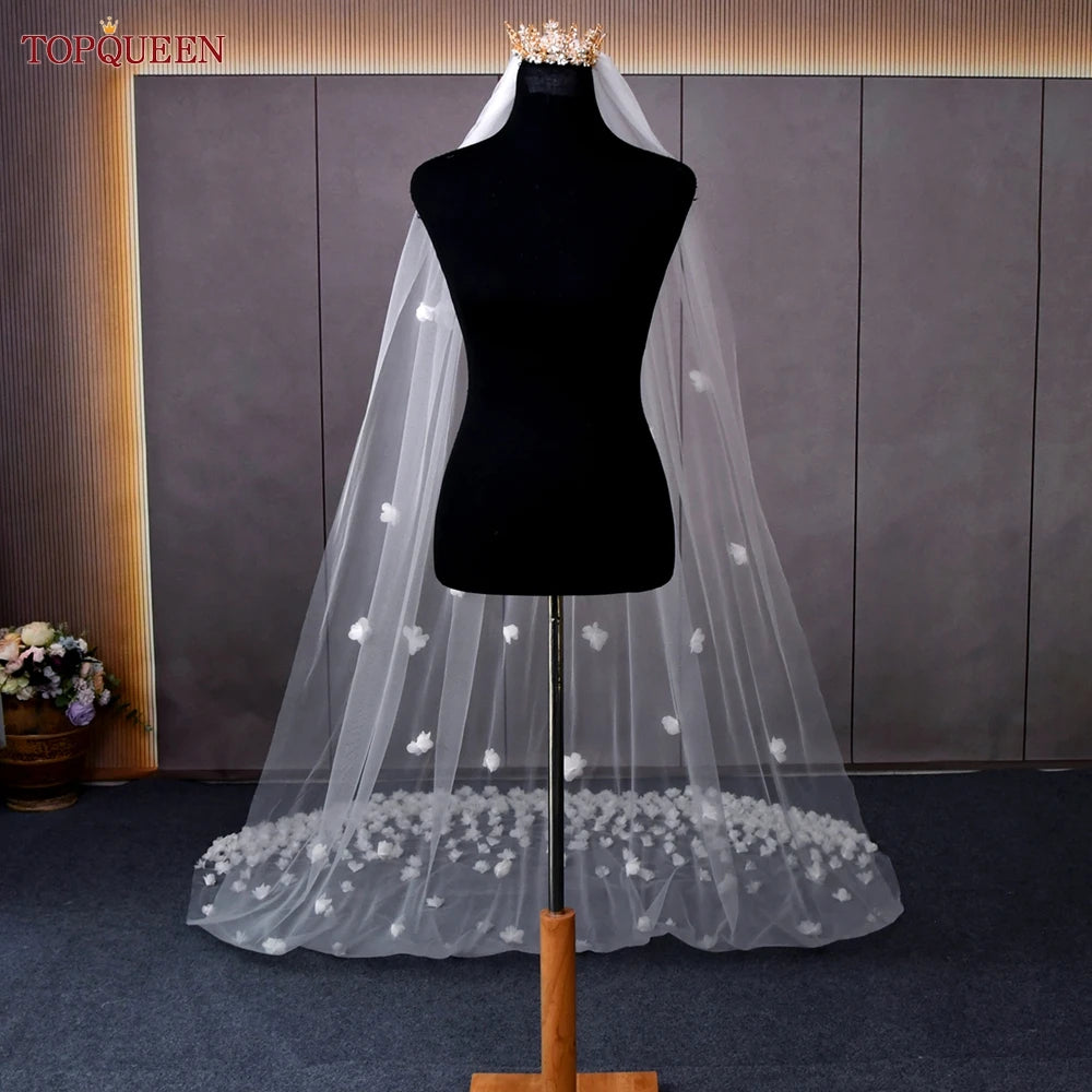 TOPQUEEN V93 High Quality Wedding Veil with 3d Flowers Cathedral Mantilla Bridal Veil Flowers Bridal Veil Soft Tulle Veil