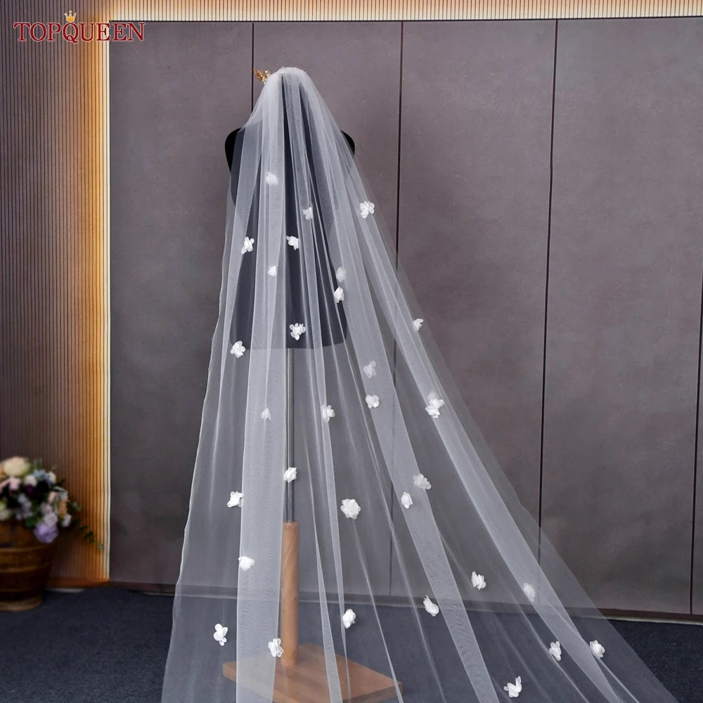 TOPQUEEN V93 High Quality Wedding Veil with 3d Flowers Cathedral Mantilla Bridal Veil Flowers Bridal Veil Soft Tulle Veil