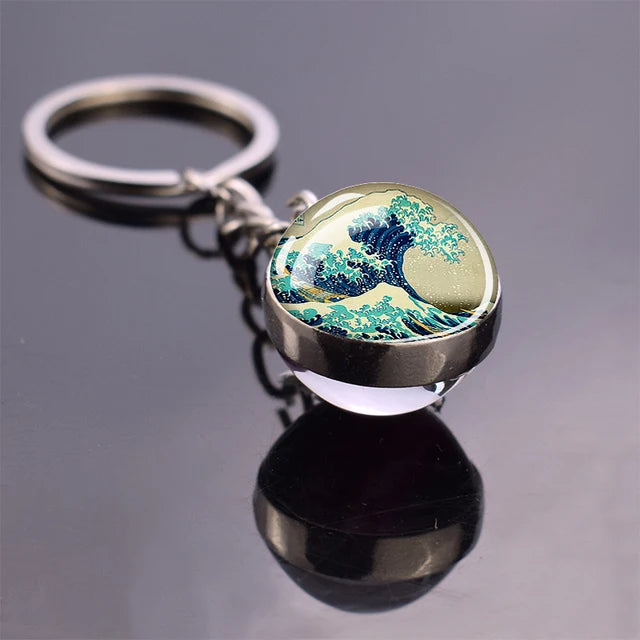 Van Gogh Art Oil Painting Keychains The Starry Night Sunflower Double Side Glass Ball Pendant Key Chains Fashion Jewellery Gifts