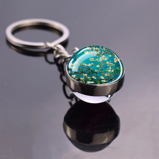 Van Gogh Art Oil Painting Keychains The Starry Night Sunflower Double Side Glass Ball Pendant Key Chains Fashion Jewellery Gifts