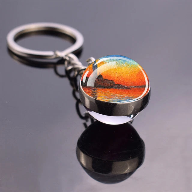 Van Gogh Art Oil Painting Keychains The Starry Night Sunflower Double Side Glass Ball Pendant Key Chains Fashion Jewellery Gifts