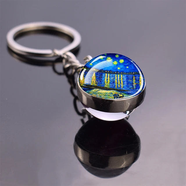 Van Gogh Art Oil Painting Keychains The Starry Night Sunflower Double Side Glass Ball Pendant Key Chains Fashion Jewellery Gifts