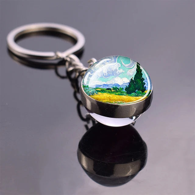 Van Gogh Art Oil Painting Keychains The Starry Night Sunflower Double Side Glass Ball Pendant Key Chains Fashion Jewellery Gifts