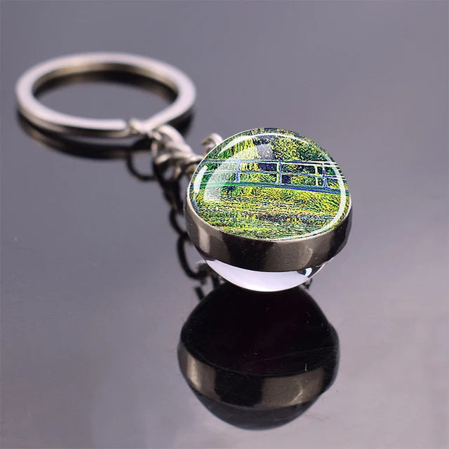 Van Gogh Art Oil Painting Keychains The Starry Night Sunflower Double Side Glass Ball Pendant Key Chains Fashion Jewellery Gifts