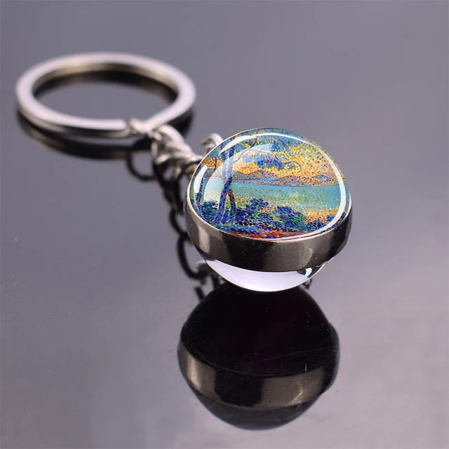 Van Gogh Art Oil Painting Keychains The Starry Night Sunflower Double Side Glass Ball Pendant Key Chains Fashion Jewellery Gifts